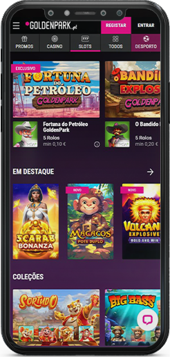O ecrã com a seção de slots do GoldenPark no telemóvel